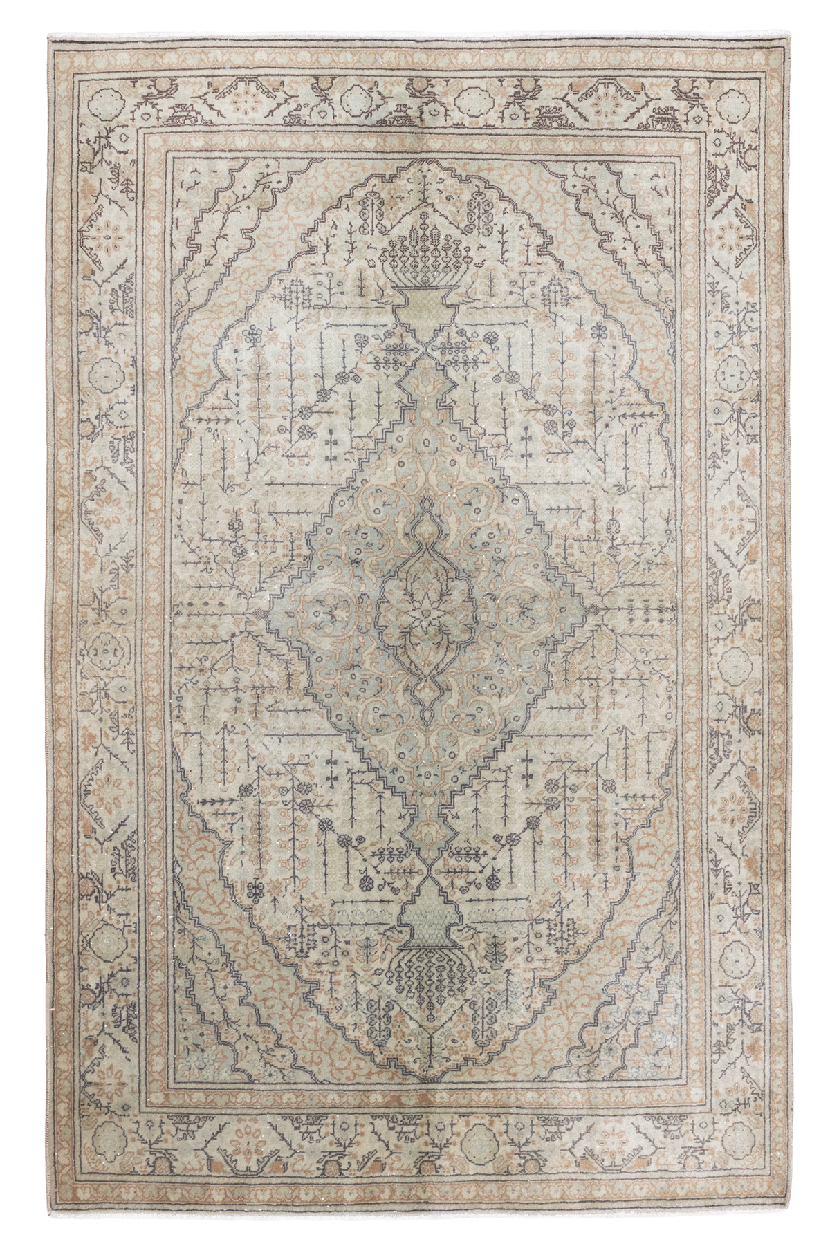 Hand-woven 4x7 ft vintage Kayseri rug in gray and brown with intricate floral patterns and a rustic wool-cotton blend.