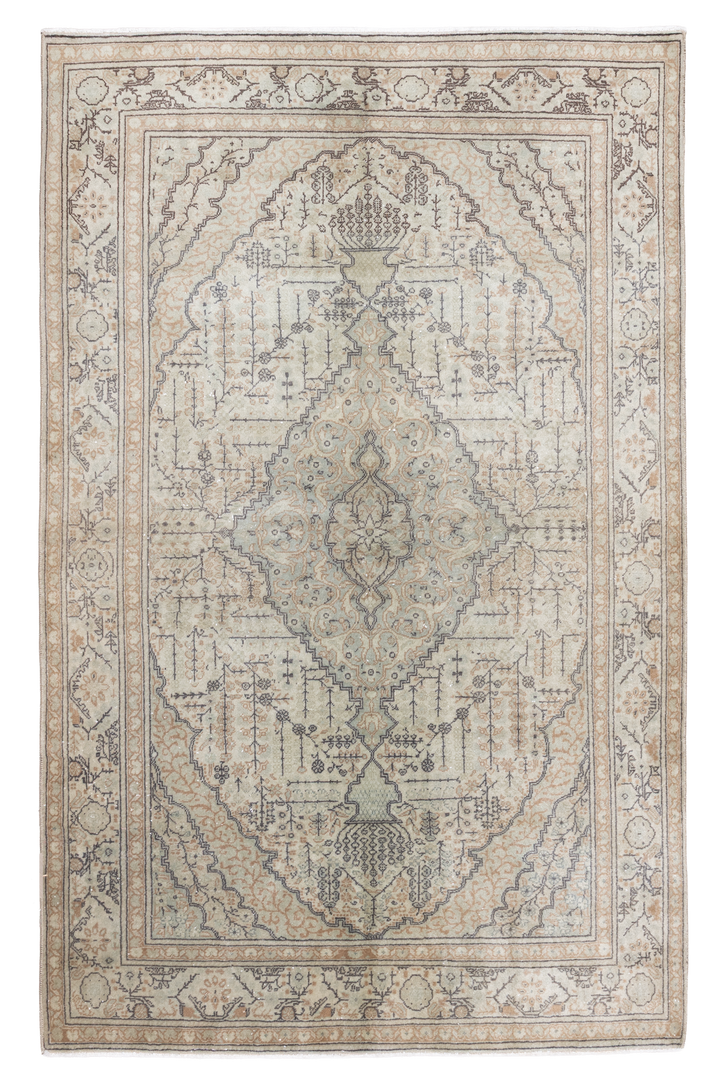 Hand-woven 4x7 ft vintage Kayseri rug in gray and brown with intricate floral patterns and a rustic wool-cotton blend.