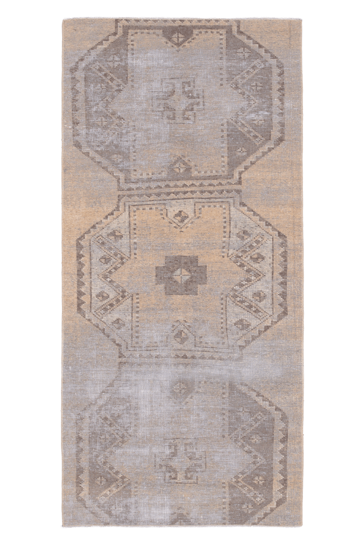 Vintage 2.7x5.9 ft Turkish runner rug in beige and brown with distressed geometric patterns and wool-cotton blend.