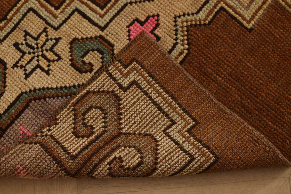 Vintage Kars Turkish Area Rug 2x5 ft — Brown & Beige Floral