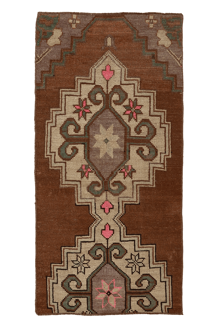 Vintage Kars Turkish Area Rug 2x5 ft — Brown & Beige Floral