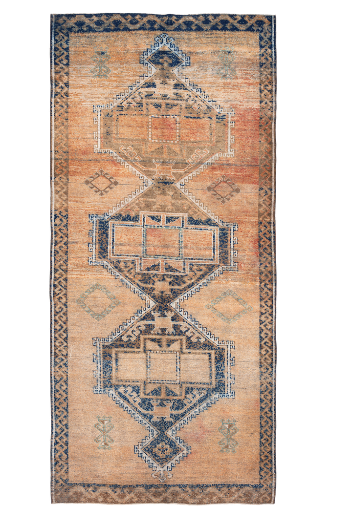 Vintage Malatya Turkish Runner Rug 4x11 ft — Orange & Brown Geometric (No. 44273)