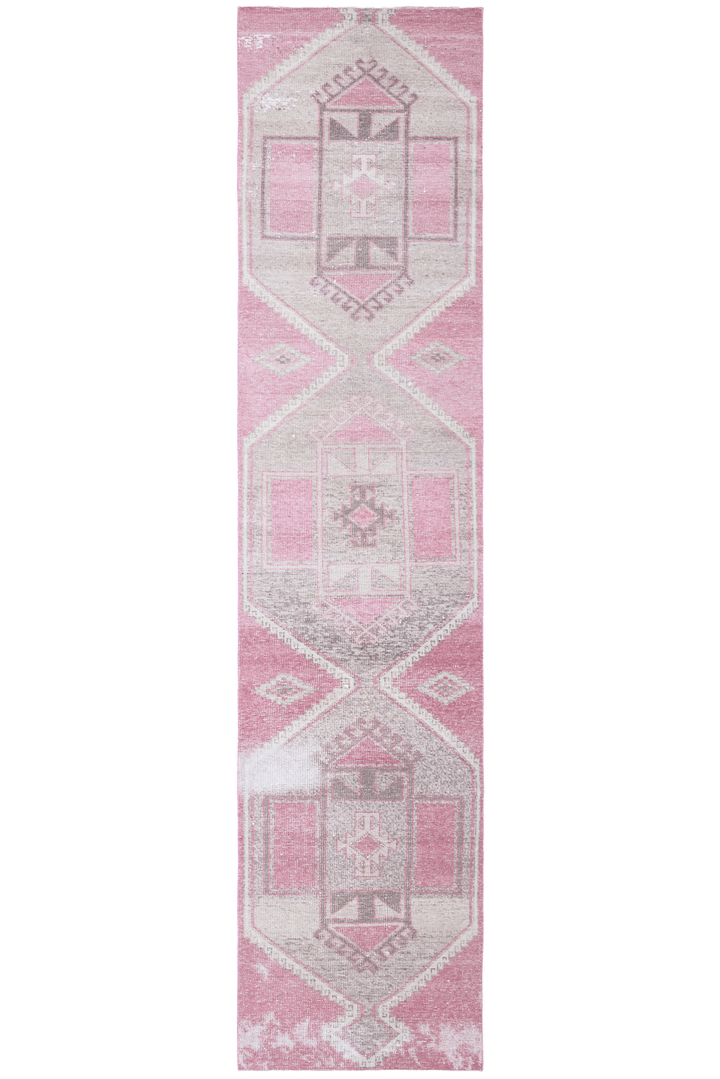 Vintage Malatya Turkish Runner Rug 2x11 ft — Pink & Gray Geometric