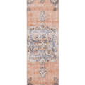 Hand-woven vintage Isparta runner rug in burnt orange and blue with bohemian floral patterns, 2.6 x 10 ft wool and cotton.