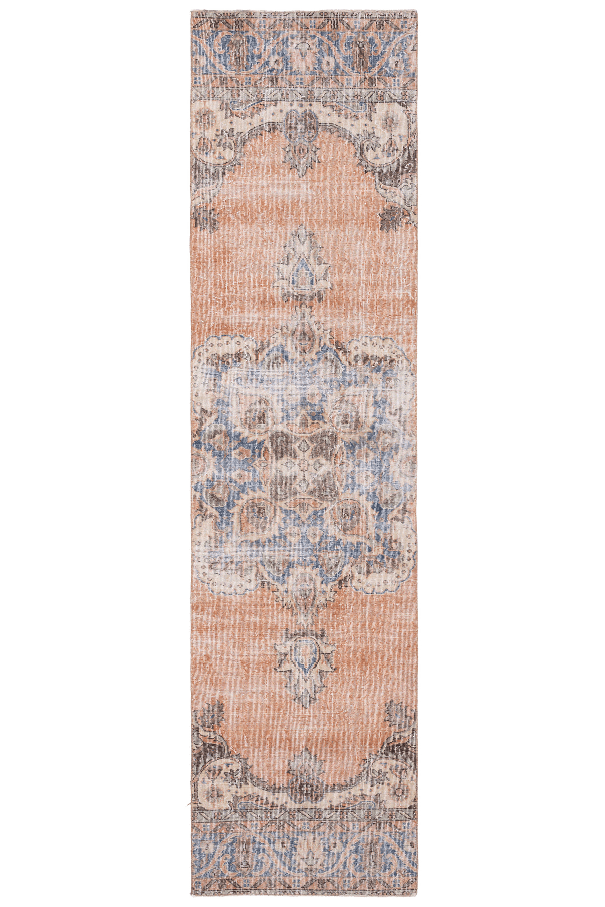 Hand-woven vintage Isparta runner rug in burnt orange and blue with bohemian floral patterns, 2.6 x 10 ft wool and cotton.