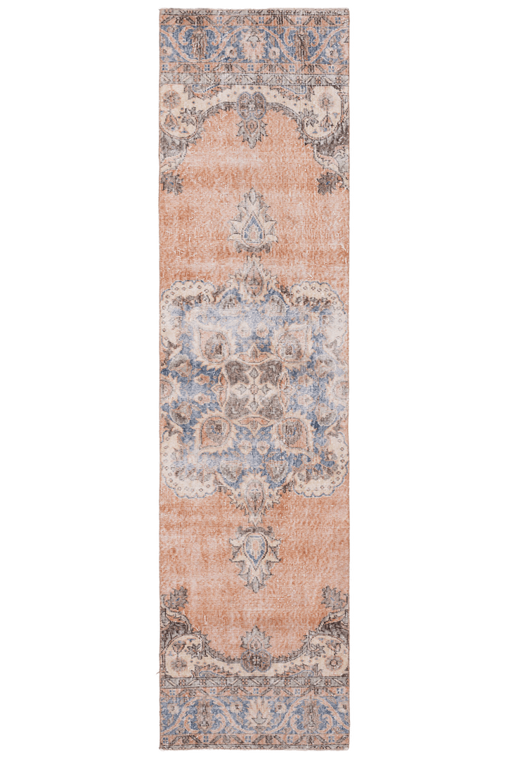 Hand-woven vintage Isparta runner rug in burnt orange and blue with bohemian floral patterns, 2.6 x 10 ft wool and cotton.