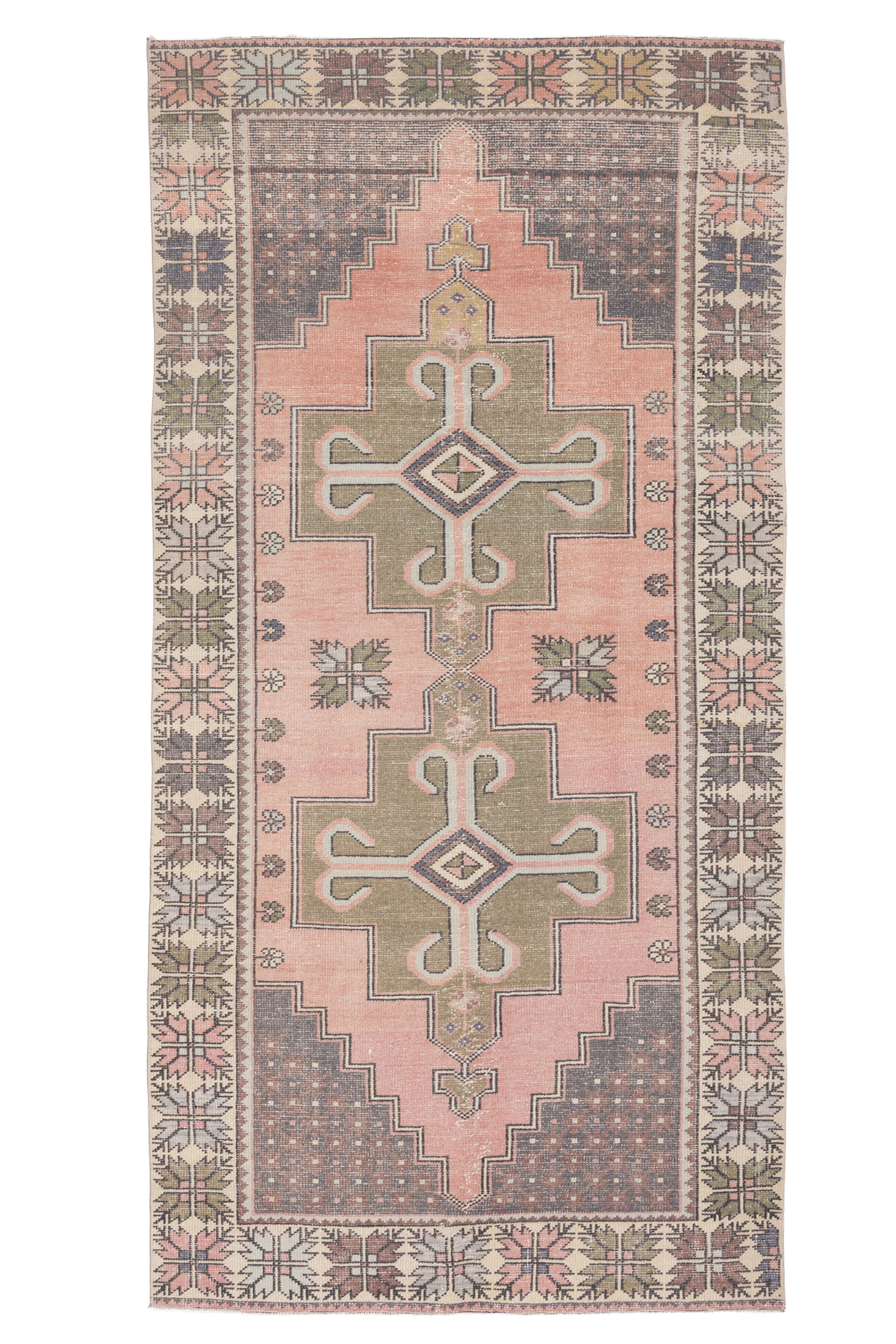 Vintage Niğde Turkish Area Rug 4x9 ft — Pink & Orange Geometric