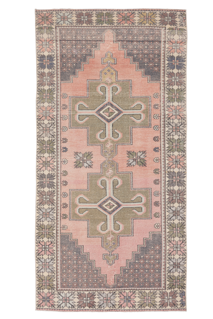 Vintage Niğde Turkish Area Rug 4x9 ft — Pink & Orange Geometric