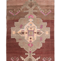 Hand-woven 5x9 ft vintage Kars Turkish rug in brown with geometric patterns, made from wool and cotton.