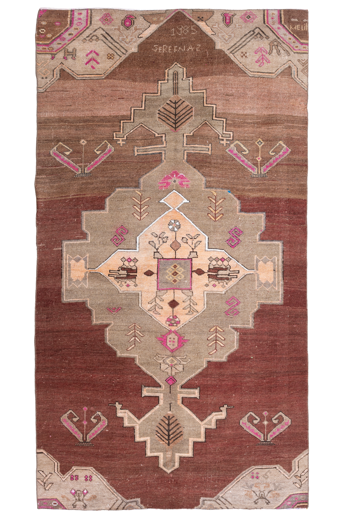 Hand-woven 5x9 ft vintage Kars Turkish rug in brown with geometric patterns, made from wool and cotton.