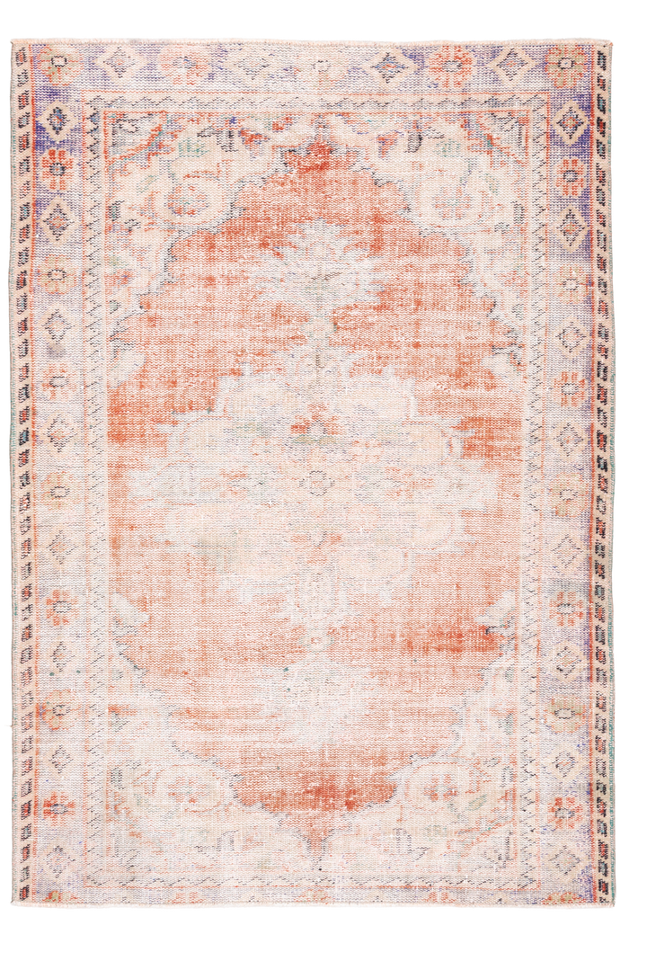 Vintage Manisa Turkish Area Rug 4x7 ft — Orange & Beige Distressed