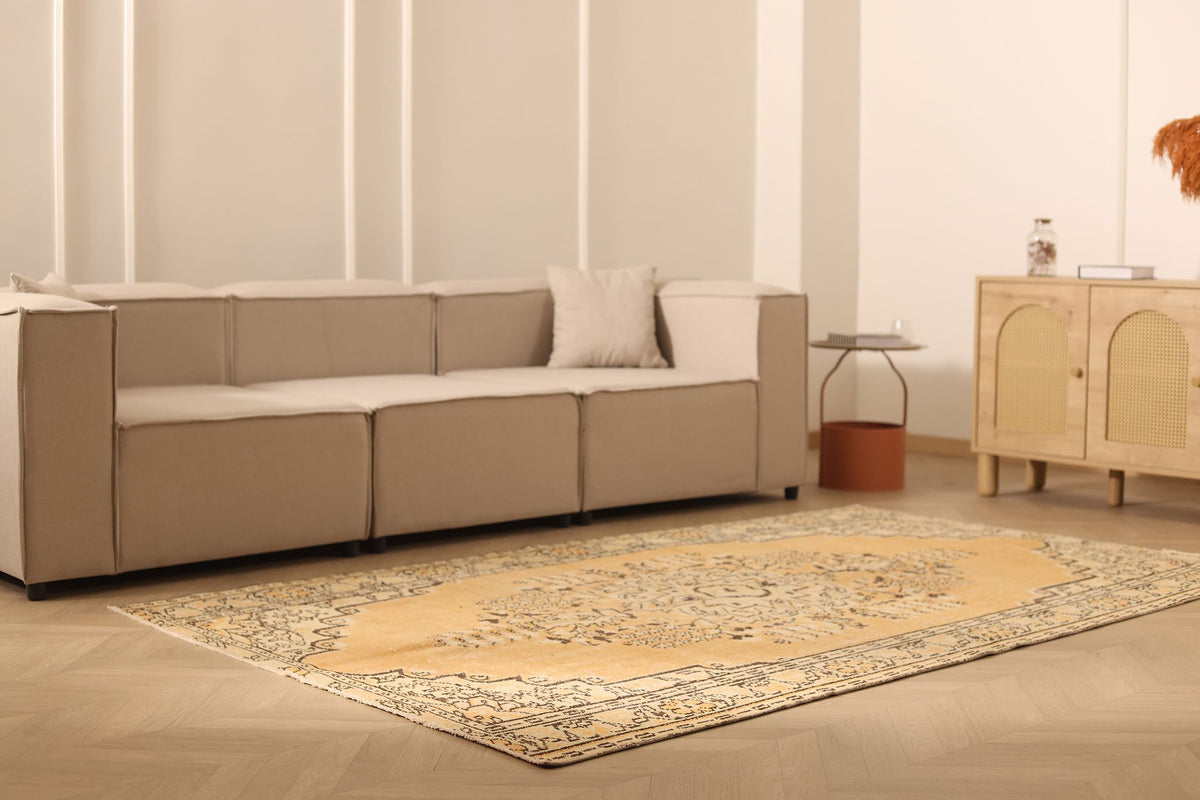 Vintage Manisa Turkish Area Rug 5x9 ft — Orange & Beige Floral