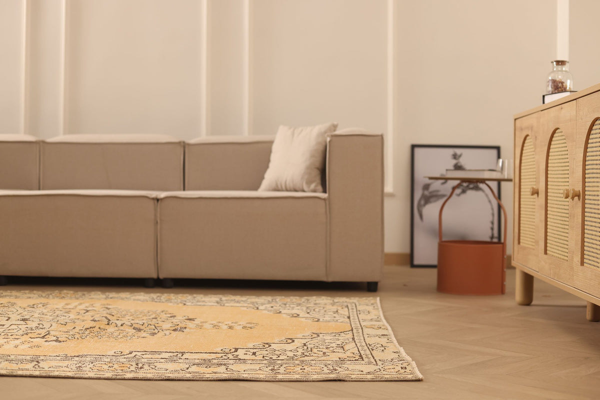 Vintage Manisa Turkish Area Rug 5x9 ft — Orange & Beige Floral