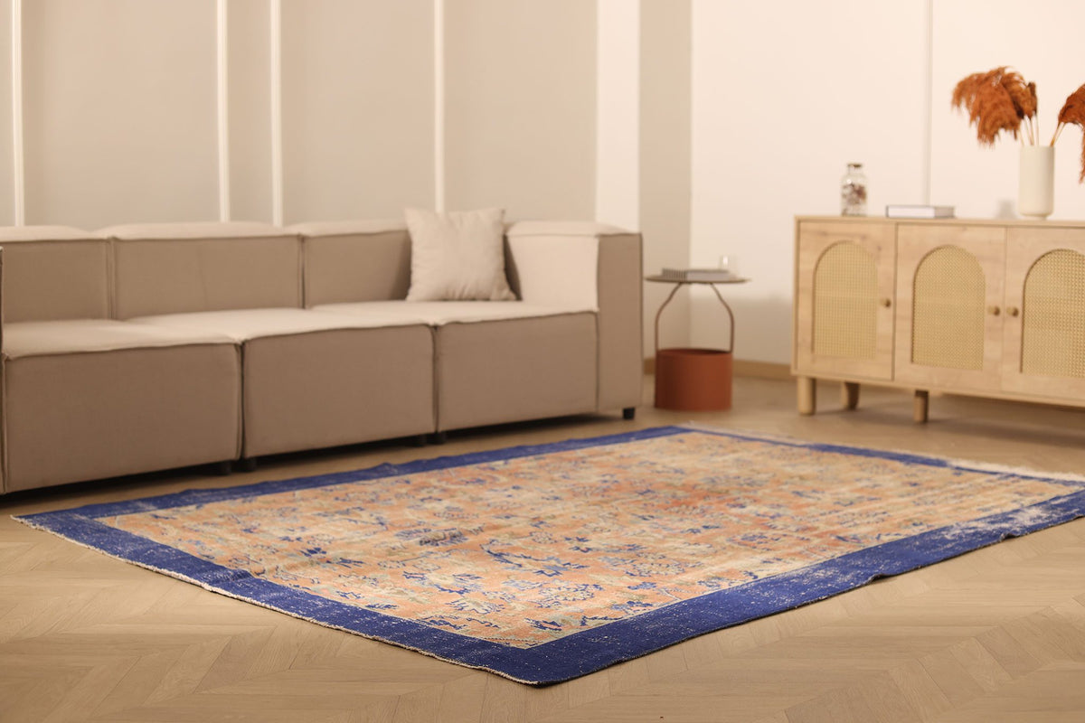 Vintage Isparta Turkish Area Rug 6x9 ft — Orange & Blue Floral