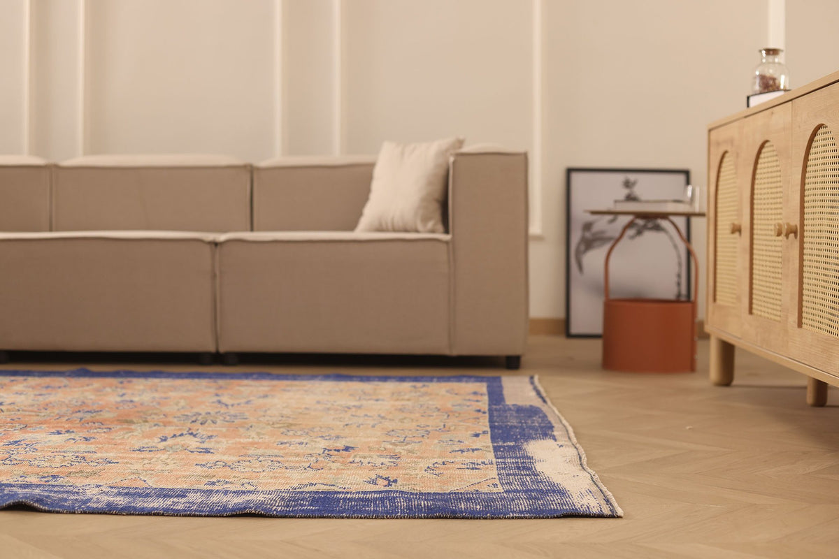 Vintage Isparta Turkish Area Rug 6x9 ft — Orange & Blue Floral