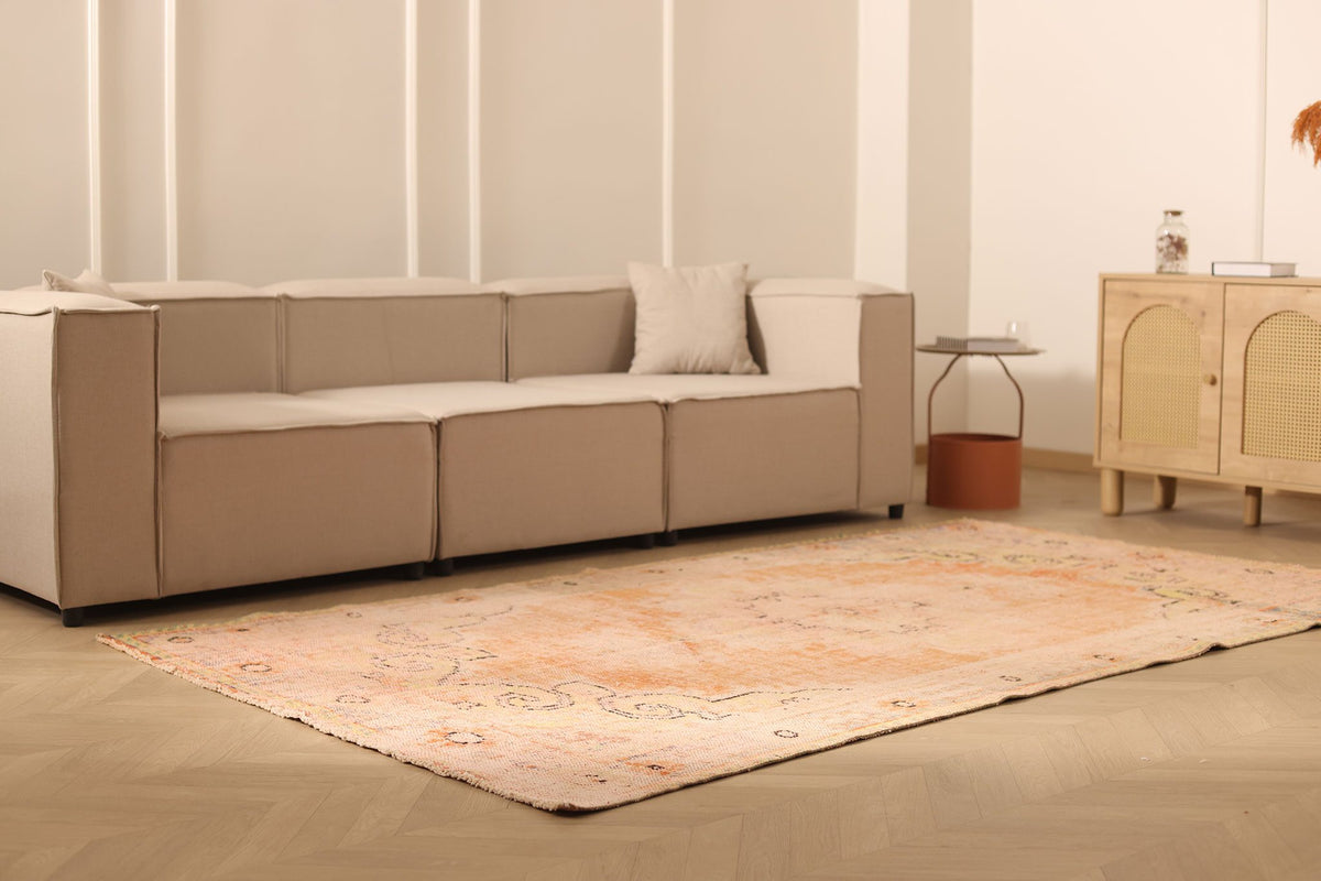 Vintage Manisa Turkish Area Rug 5x9 ft — Orange & Beige Floral