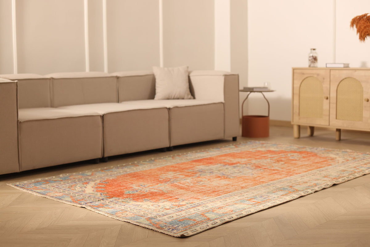 Vintage Manisa Turkish Area Rug 6x9 ft — Orange & Blue Floral