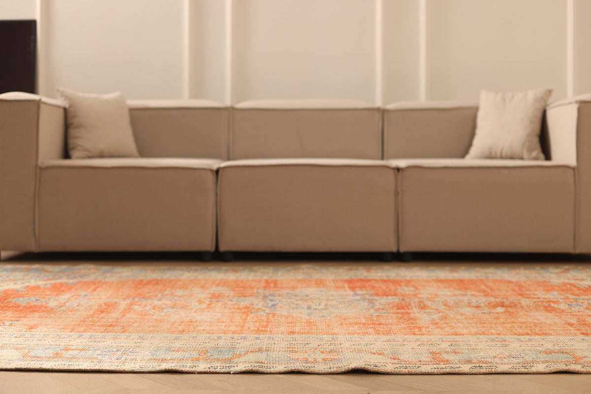 Vintage Manisa Turkish Area Rug 6x9 ft — Orange & Blue Floral