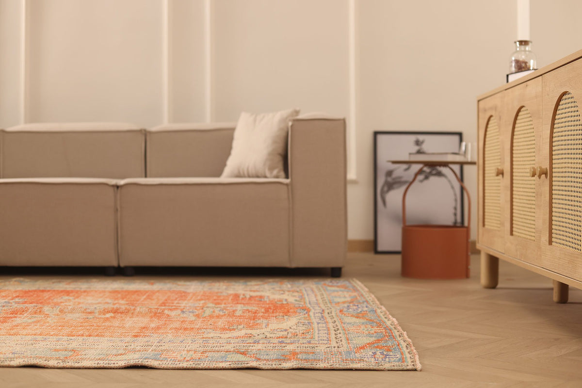 Vintage Manisa Turkish Area Rug 6x9 ft — Orange & Blue Floral