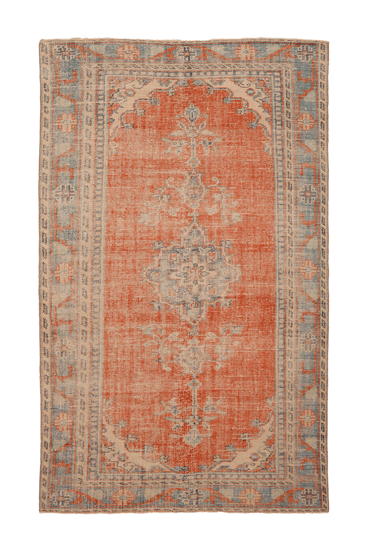 Vintage Manisa Turkish Area Rug 6x9 ft — Orange & Blue Floral