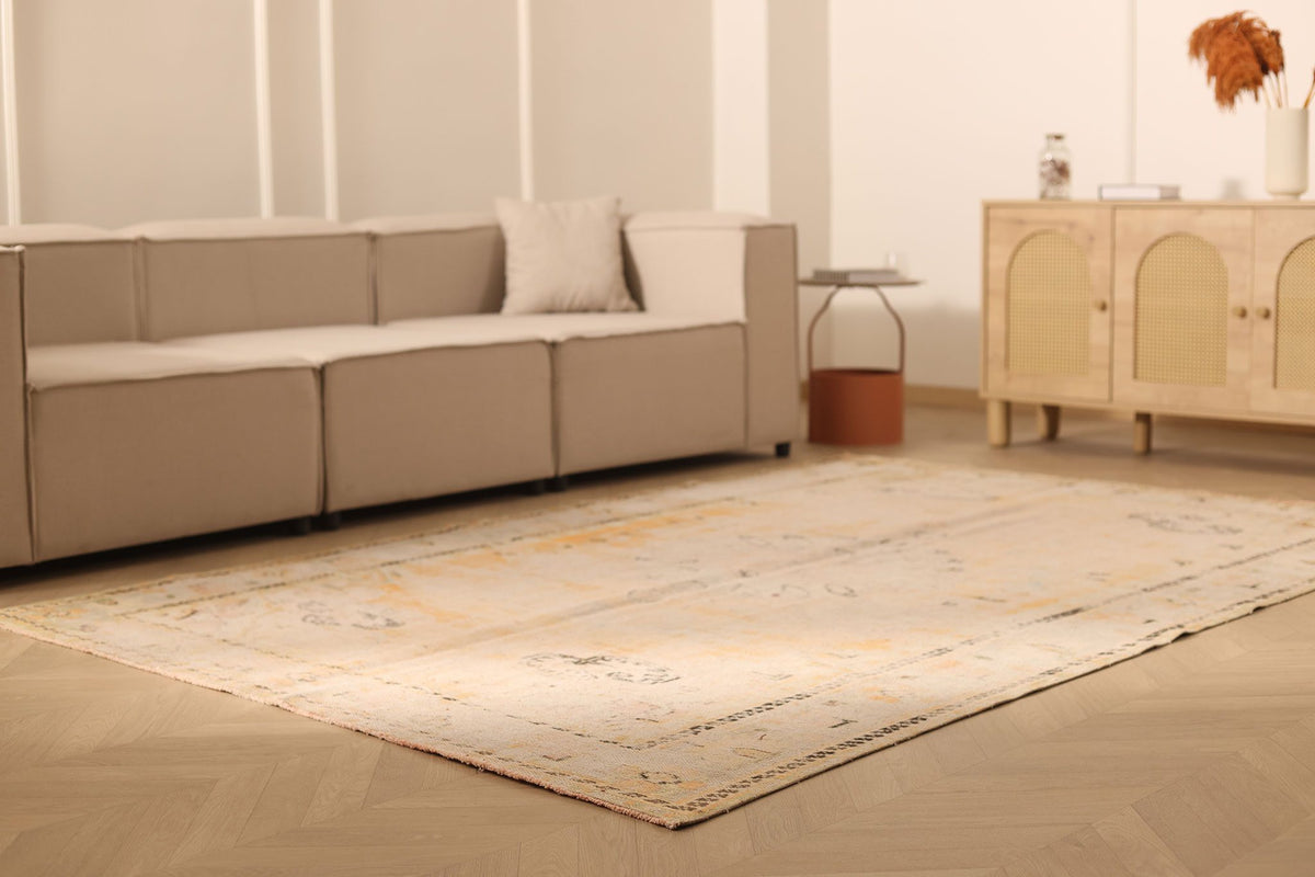 Vintage Manisa Turkish Area Rug 6x9 ft — Beige & Orange Floral