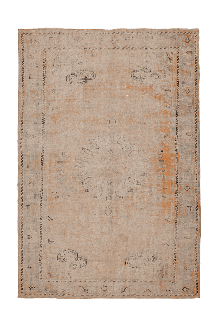 Vintage Manisa Turkish Area Rug 6x9 ft — Beige & Orange Floral