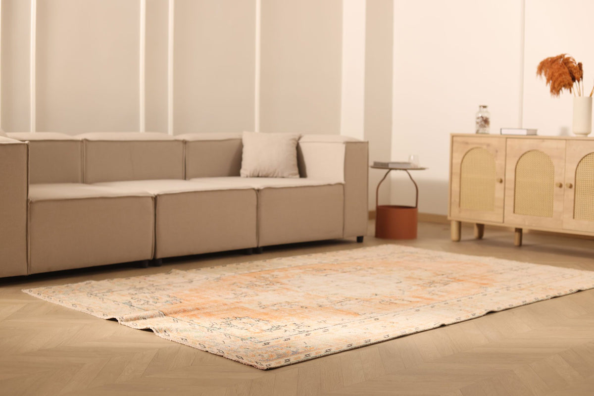 Vintage Manisa Turkish Area Rug 6x9 ft — Orange & Beige Floral
