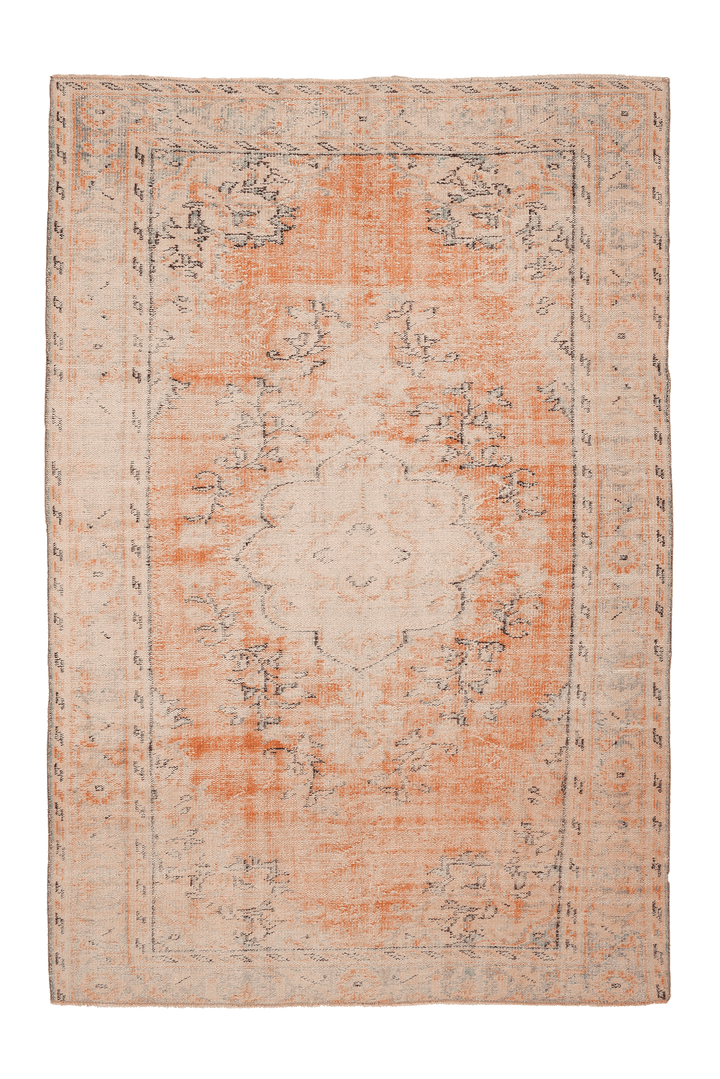 Vintage Manisa Turkish Area Rug 6x9 ft — Orange & Beige Floral