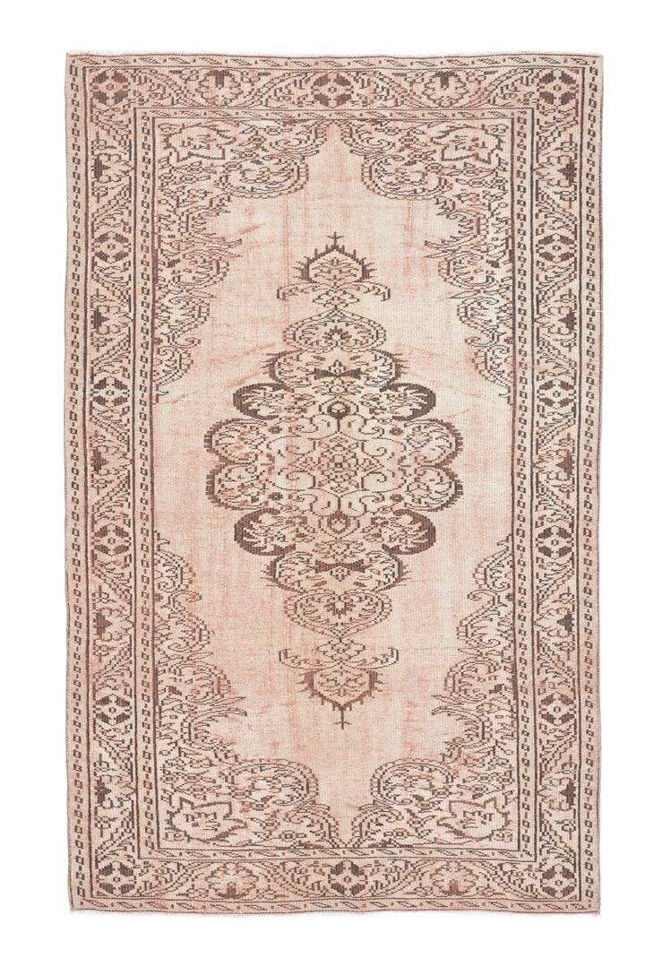 Vintage Manisa Turkish Area Rug 4x8 ft — White & Orange Medallion