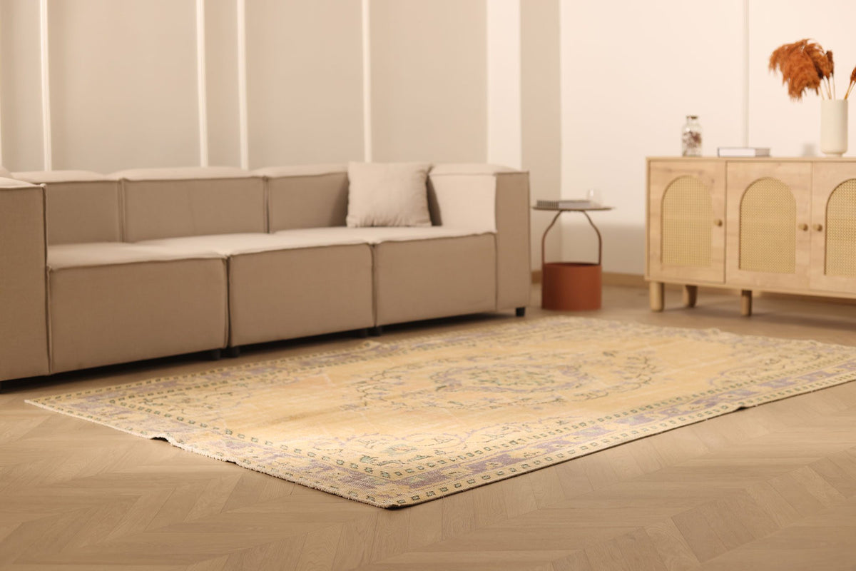 Vintage Manisa Turkish Area Rug 6x9 ft — Beige & Brown Floral