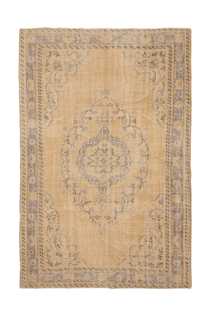 Vintage Manisa Turkish Area Rug 6x9 ft — Beige & Brown Floral