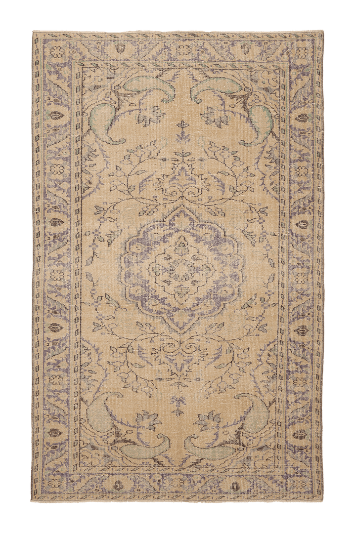 Vintage Isparta Turkish Area Rug 6x9 ft — Beige & Blue Floral