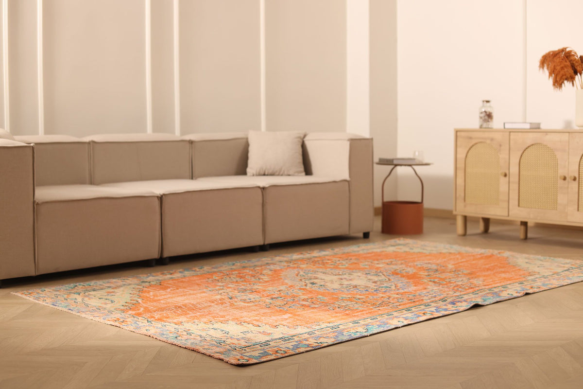 Vintage Manisa Turkish Area Rug 6x9 ft — Orange & Beige Floral