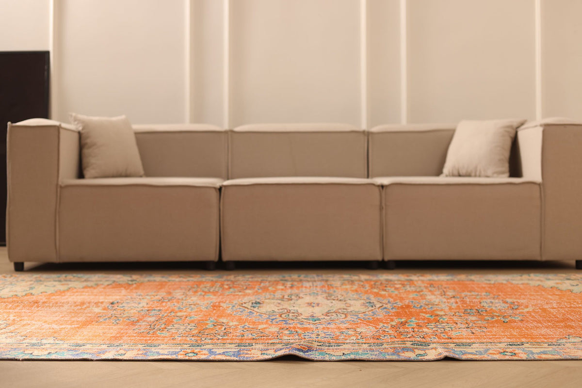 Vintage Manisa Turkish Area Rug 6x9 ft — Orange & Beige Floral