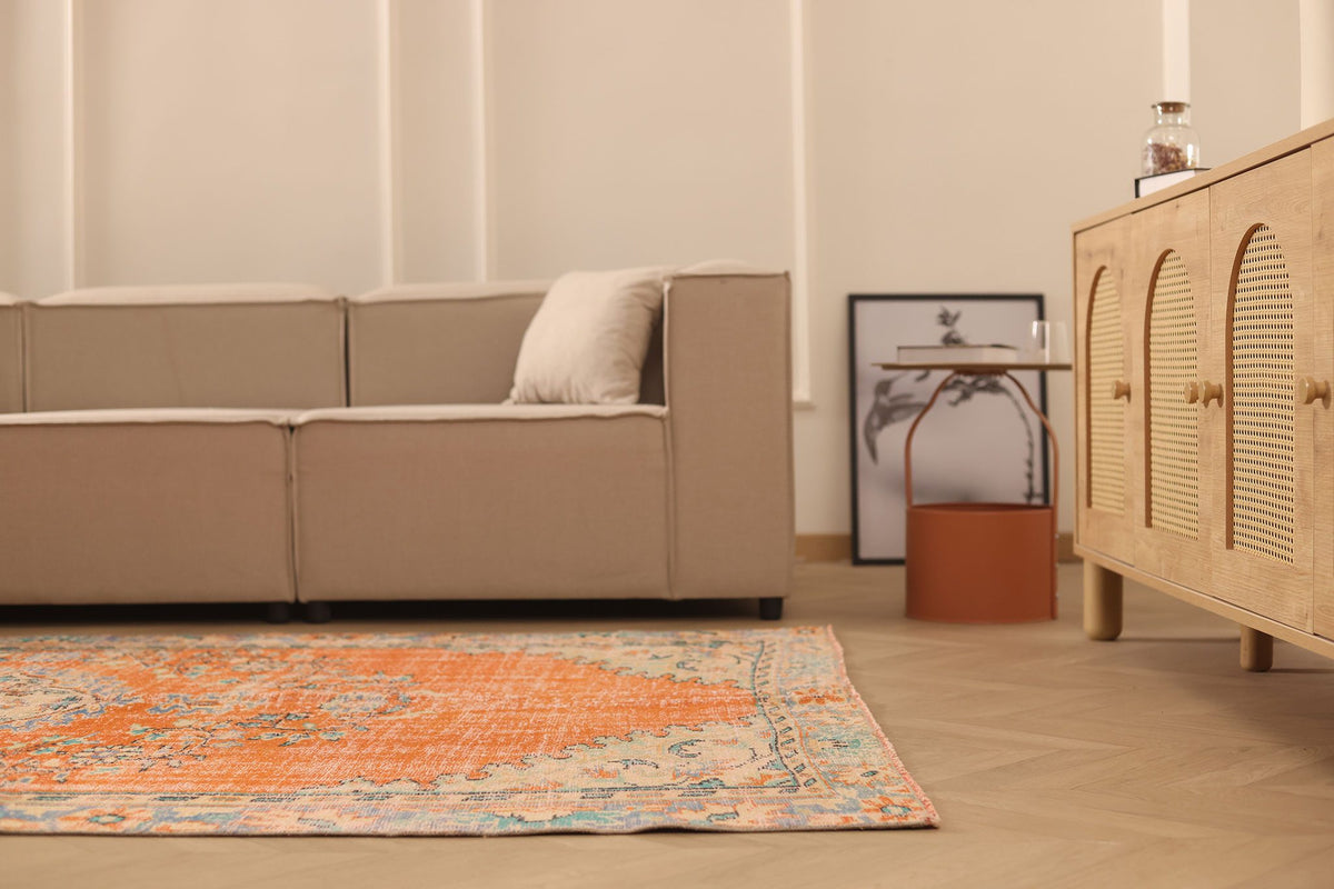 Vintage Manisa Turkish Area Rug 6x9 ft — Orange & Beige Floral