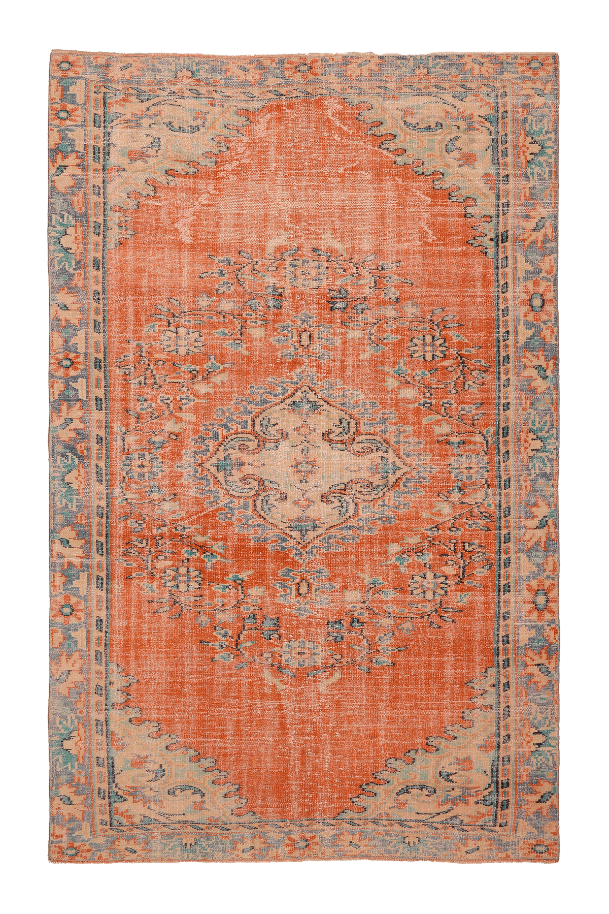 Vintage Manisa Turkish Area Rug 6x9 ft — Orange & Beige Floral