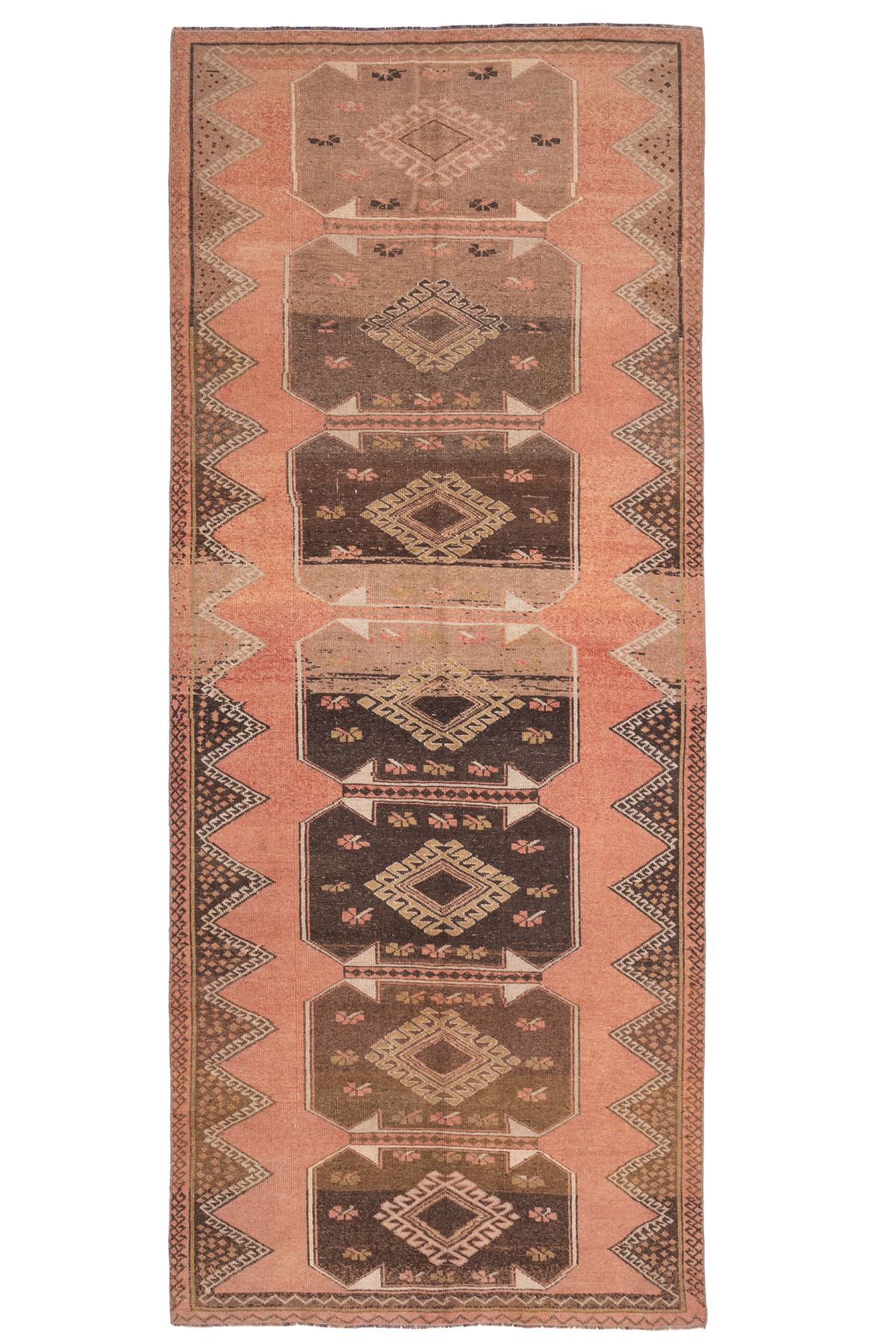 Handmade 4x11 ft vintage Turkish runner rug in orange and brown with geometric tribal patterns and wool-cotton blend.