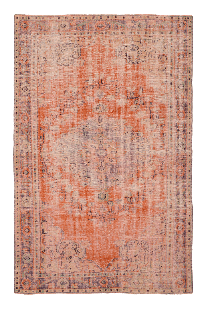 Vintage Manisa Turkish Area Rug 6x9 ft — Orange & Beige Distressed