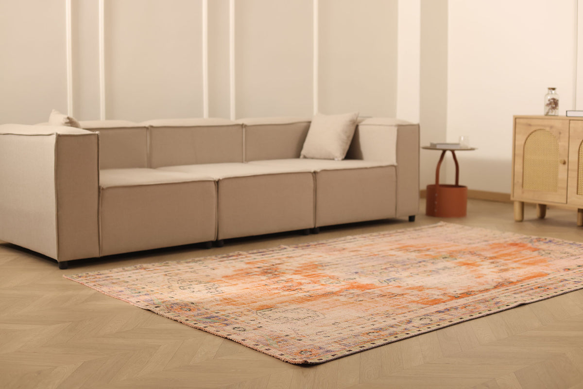 Vintage Manisa Turkish Area Rug 6x9 ft — Orange & Beige Distressed
