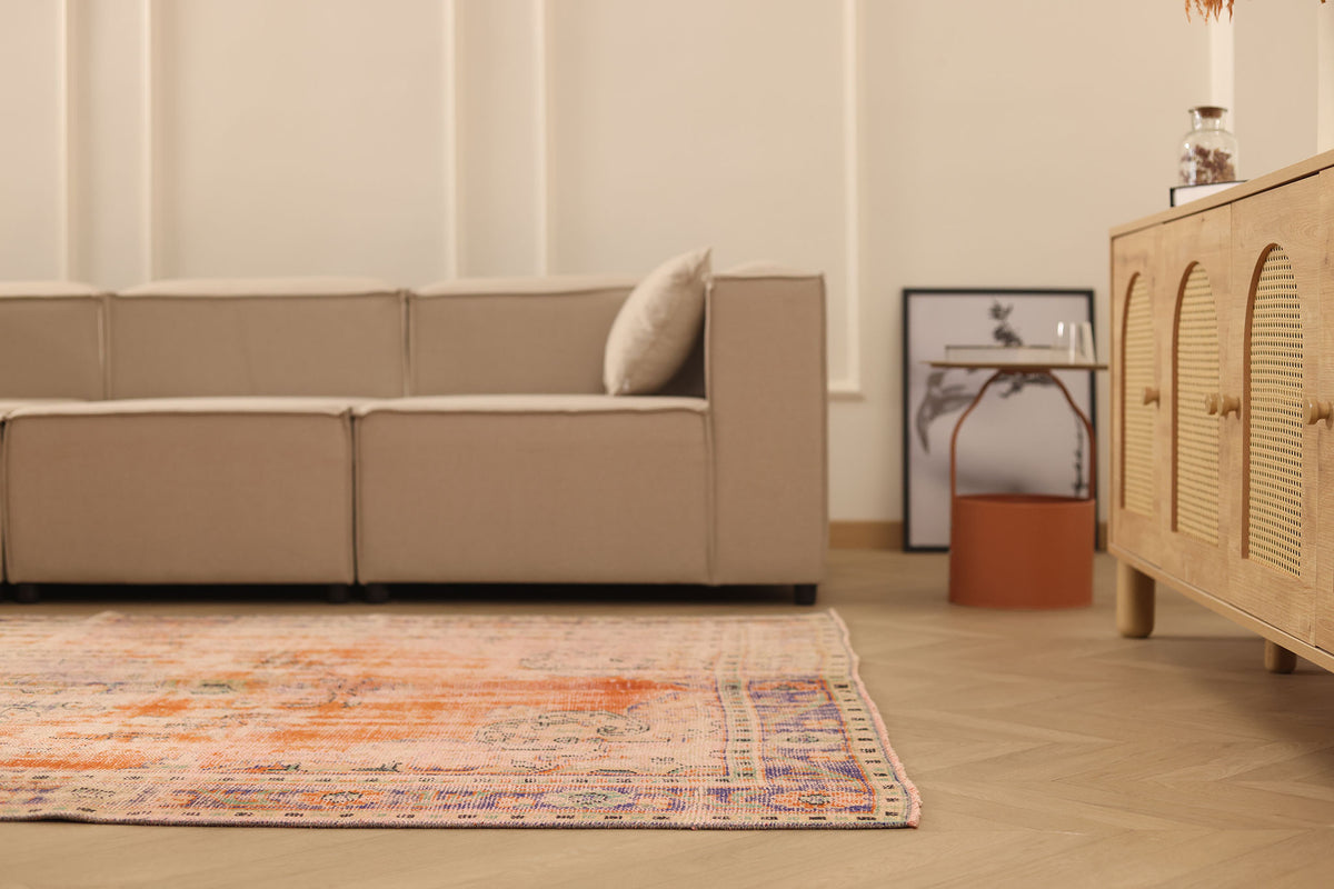 Vintage Manisa Turkish Area Rug 6x9 ft — Orange & Beige Distressed