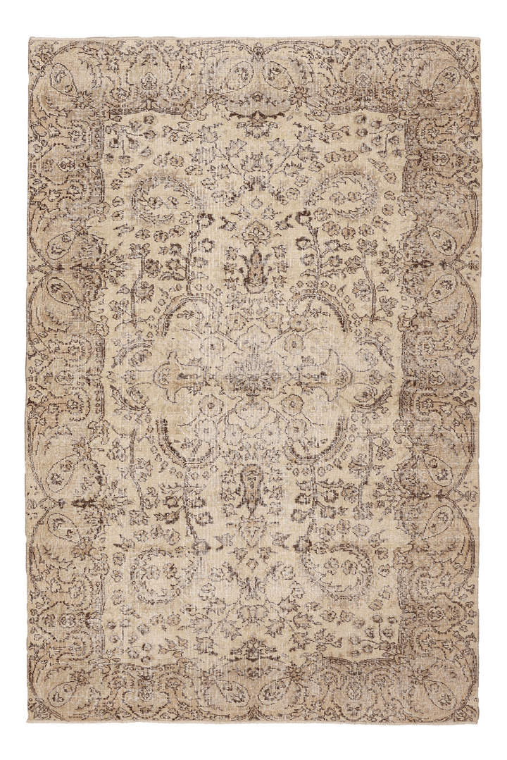 Vintage Isparta Turkish Area Rug 5x8 ft — Beige & Brown Floral