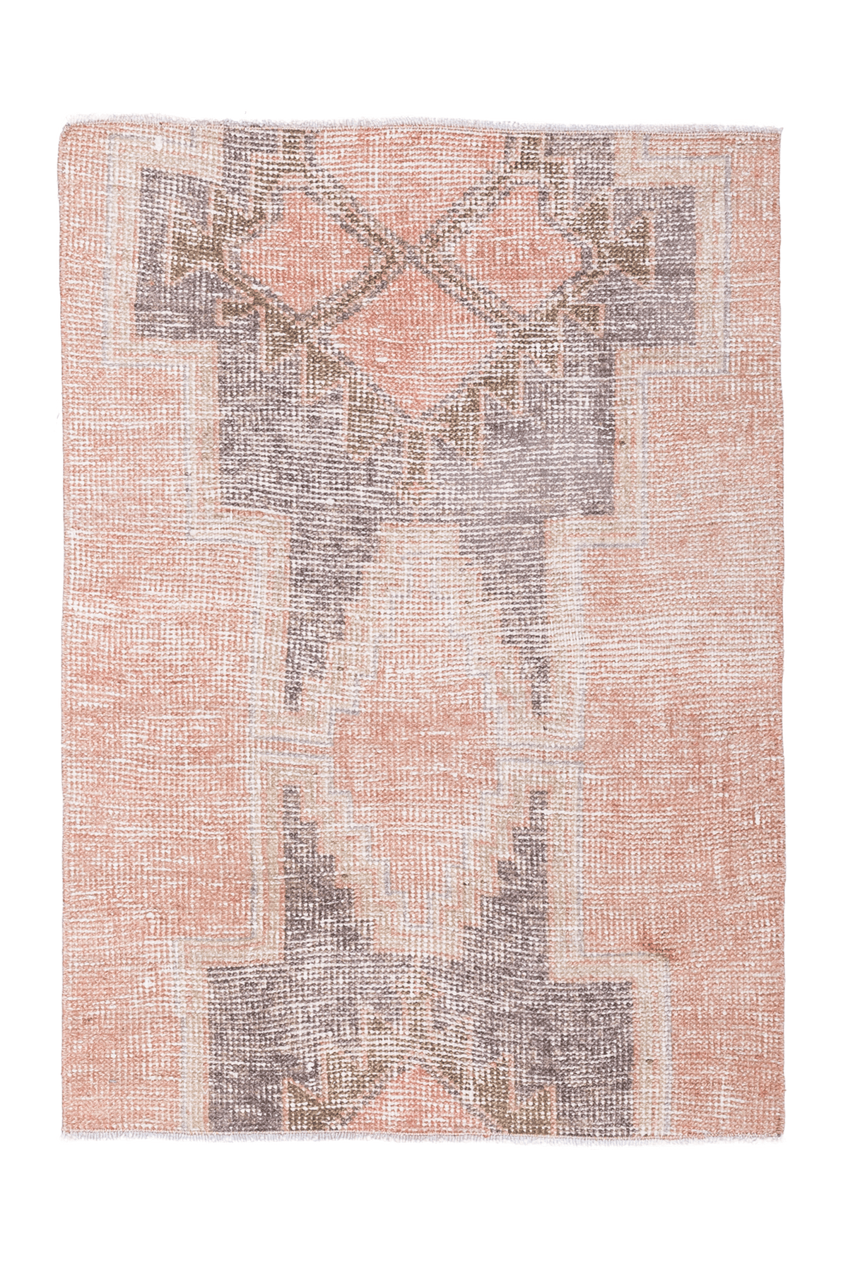Hand-woven 2x3 ft vintage Turkish wool and cotton doormat in brown and gray with a geometric farmhouse pattern.