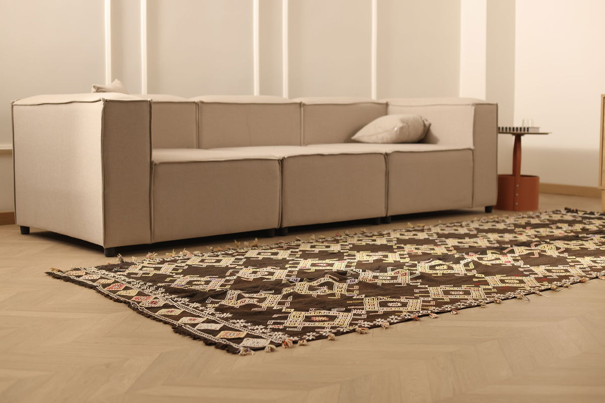 Vintage Sivas Turkish Kilim Runner Rug 5x12 ft — Brown & Beige Geometric