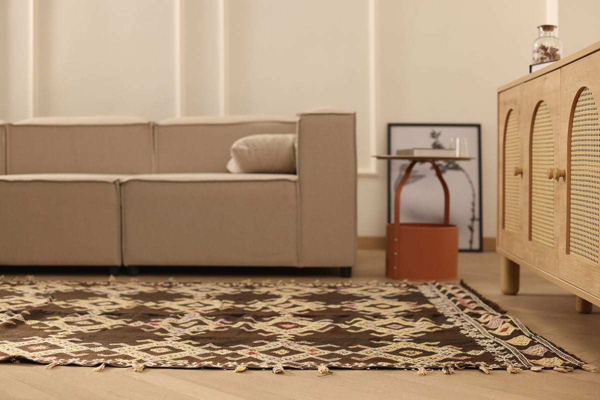 Vintage Sivas Turkish Kilim Runner Rug 5x12 ft — Brown & Beige Geometric