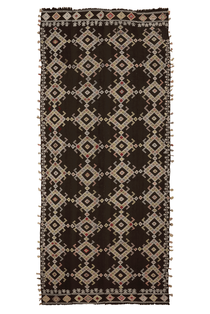 Vintage Sivas Turkish Kilim Runner Rug 5x12 ft — Brown & Beige Geometric