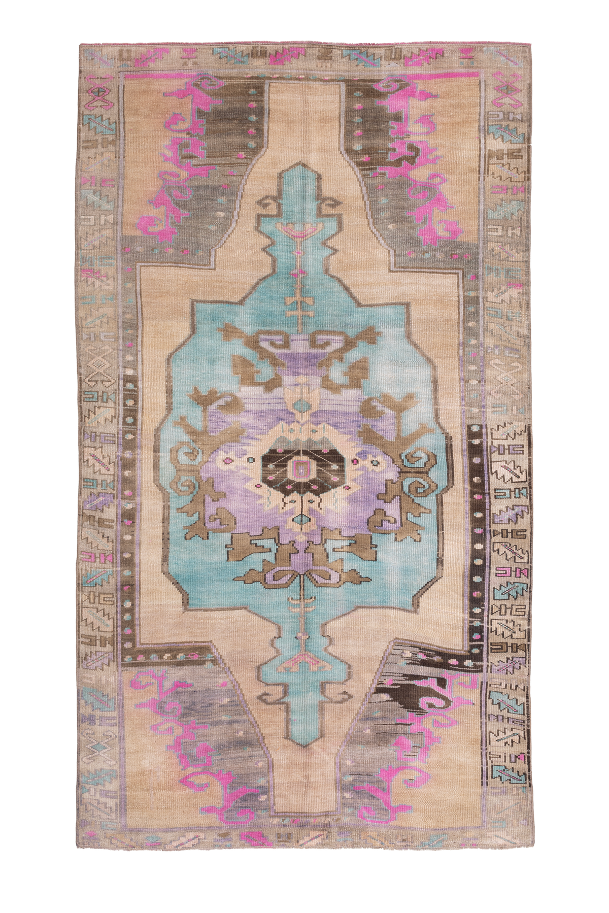 Vintage Kars Turkish Area Rug 5x9 ft — Beige & Navy Medallion