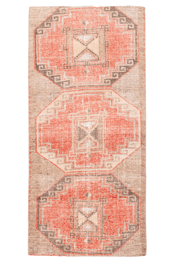 Vintage Turkish runner rug with orange and brown geometric patterns, hand-woven in wool and cotton, 2.6 x 5.6 ft.