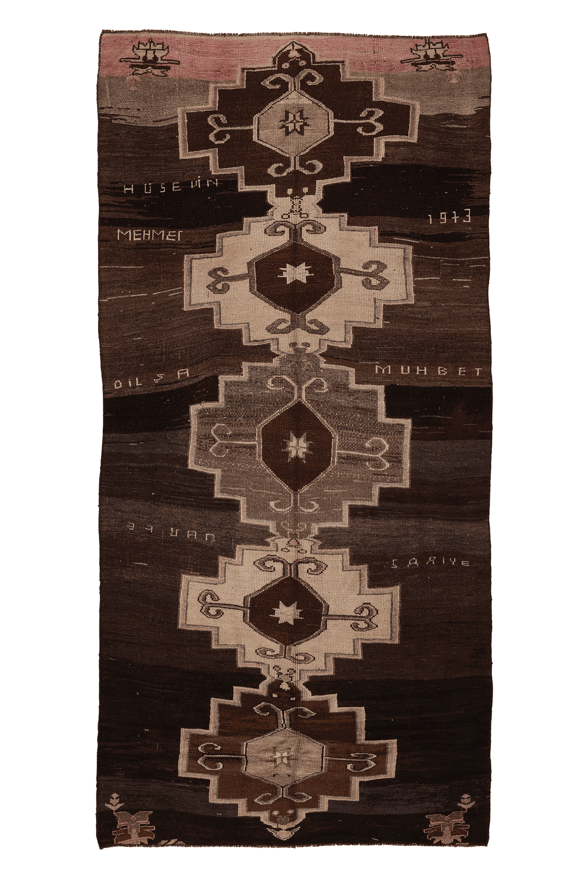 Vintage Kars Turkish Area Rug 5x11 ft — Brown & Beige Geometric