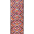 Handmade 3x11 ft wool and cotton kilim runner with pink and orange geometric diamond patterns in a traditional style.