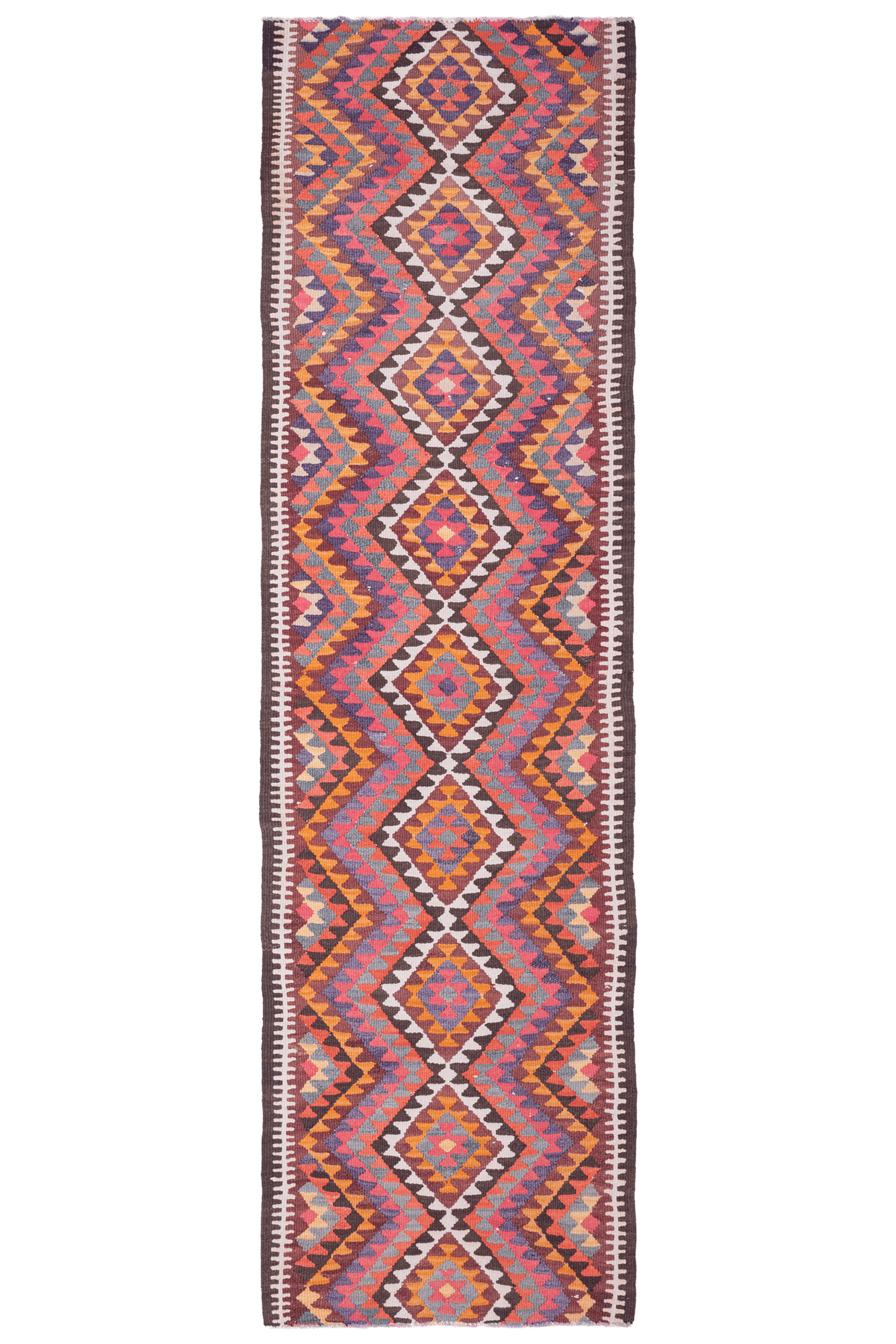 Handmade 3x11 ft wool and cotton kilim runner with pink and orange geometric diamond patterns in a traditional style.